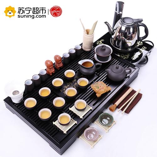艺宏堂 整板茶盘整套茶具套装紫砂功夫茶具四合一电热磁炉实木茶盘